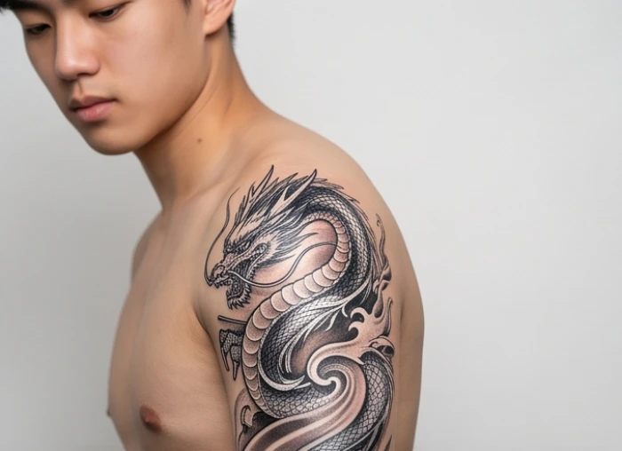 Mẫu hình xăm rồng nước dũng mãnh phối mực xám bạc trên vai cho nam giới Đinh Sửu