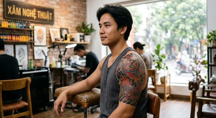 Mẫu hình xăm hợp tuổi dần mang biểu tượng phượng hoàng lửa phong thủy trên vai nam giới