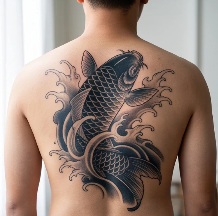 Tác phẩm hình xăm hợp tuổi dần chủ đề cá chép bơi ngược dòng cùng sóng nước trên nửa lưng nam giới