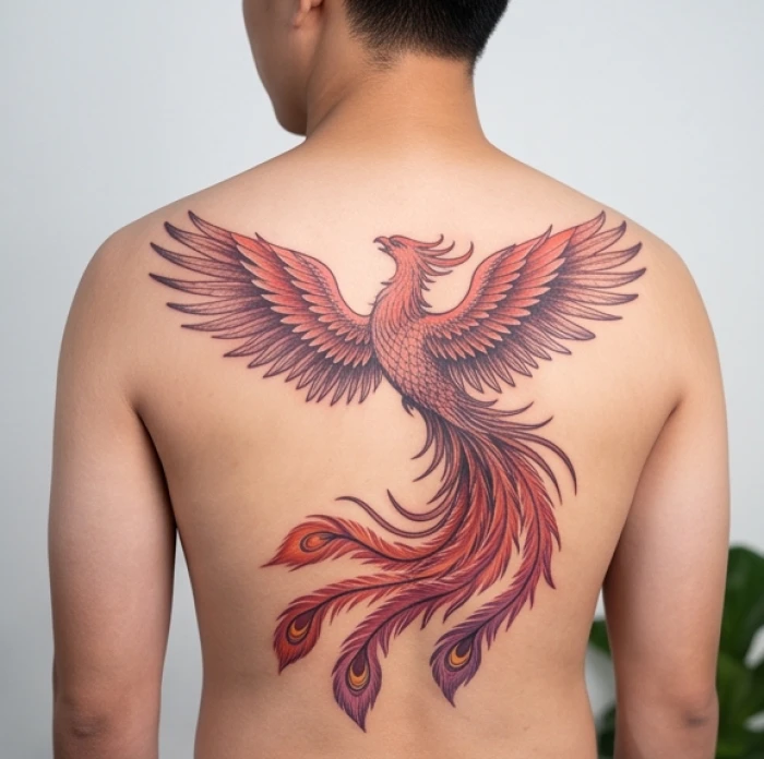 Thiết kế hình xăm hợp tuổi dần phượng hoàng tung cánh với điểm nhấn tông đỏ cam sặc sỡ trên vùng lưng