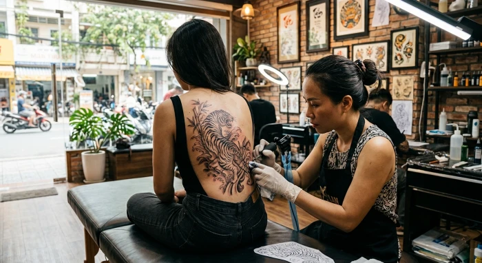 Mẫu hình xăm hợp tuổi ngọ với họa tiết hổ phong thủy tinh tế trên lưng giúp thu hút tài lộc và vượng khí
