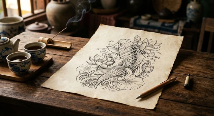 Thiết kế hình xăm hợp tuổi sửu với họa tiết cá chép và hoa sen nghệ thuật mang đậm nét văn hóa phương Đông