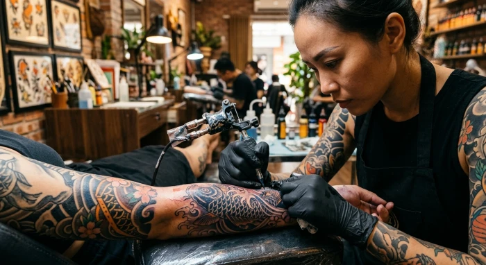 Thiết kế hình xăm hợp tuổi thìn với họa tiết cá chép hóa rồng kết hợp màu sắc phong thủy tinh tế