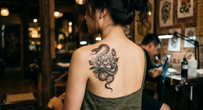 Thiết kế hình xăm hợp tuổi tỵ với biểu tượng rắn cuộn tròn nghệ thuật mang lại may mắn và tài lộc