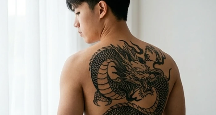 Hình xăm rồng kín nửa lưng trên của nam giới với đường nét mực đen dày dặn và kỹ thuật đánh bóng khối sắc nét