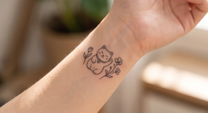 Mẫu hình xăm mèo nhỏ xinh mềm mại kết hợp hoa cỏ trên cổ tay nữ giới tuổi tuất tinh tế