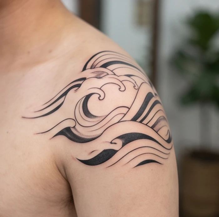 Hình xăm nghệ thuật trên vai với thiết kế để lại khoảng trống da negative space thông thoáng và tinh tế