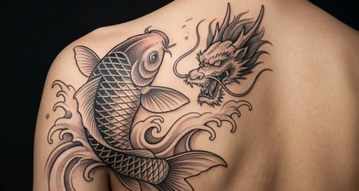 Hình xăm phong thủy cá chép hóa rồng bơi trong sóng nước sắc nét trên bả vai cho người kinh doanh tuổi dậu
