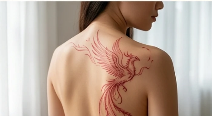 Hình xăm nghệ thuật phượng hoàng mực đỏ phía sau lưng trên tượng trưng cho bản lĩnh tuổi Bính Dần