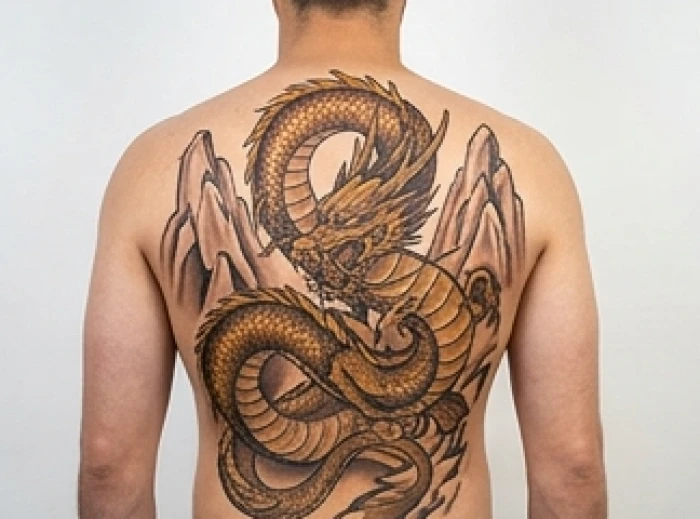 Mẫu hình xăm rồng đất cuộn núi đá với tông màu vàng nâu ấm áp trải rộng trên tấm lưng nam giới