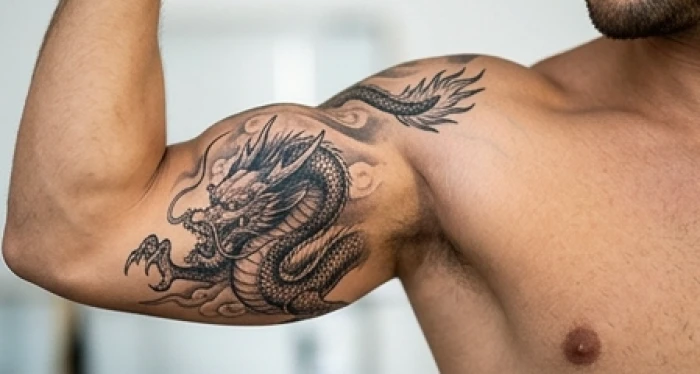 Nam giới khoe hình xăm rồng hợp tuổi thân tinh xảo trên bắp tay thể hiện ý chí mạnh mẽ
