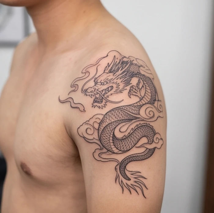 Hình xăm rồng vân long kích thước vừa phải bao bọc bởi mây nước mềm mại trên bả vai nam giới Tân Tỵ