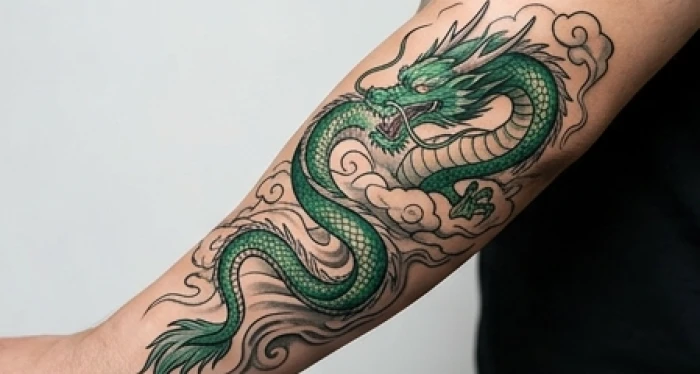 Hình xăm rồng xanh thanh long uốn lượn giữa mây và sóng nước sắc nét trên cánh tay cho tuổi tân dậu mệnh mộc