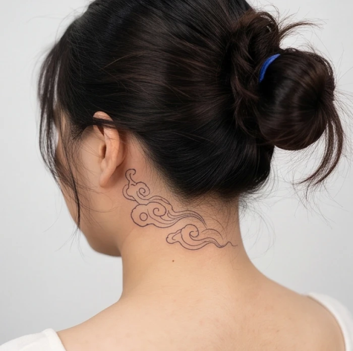 Mẫu hình xăm vân mây lượn sóng nhỏ nhắn e ấp sau gáy dưới làn tóc nữ giới giúp thu hút nhân duyên tốt
