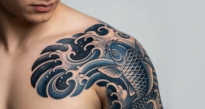 Hình xăm sóng nước cách điệu kết hợp cá chép bơi lội với tông xanh dương đậm trên bả vai cho mệnh thủy