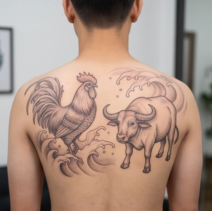 Mẫu hình xăm tam hợp tuổi tỵ hình gà và trâu kết hợp sóng nước mềm mại ở nửa lưng trên nam giới