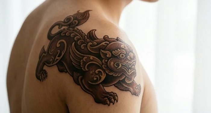 Hình xăm tỳ hưu uy dũng với tông màu nâu trầm và điểm nhấn ánh kim sáng trên bờ vai của nam giới