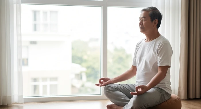 Người trung niên tuổi Tân Hợi ngồi tĩnh tâm và thực hành bài tập hít thở sâu vào buổi sáng sớm