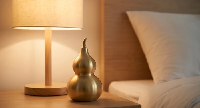 Hồ lô đồng thau trang nhã đặt cạnh đèn ngủ ánh sáng ấm áp trên tủ đầu giường nhằm cân bằng sinh khí phòng ngủ
