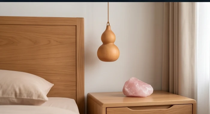 Hồ lô gỗ đào tự nhiên và khối đá thạch anh hồng đặt tại phòng ngủ nhằm thanh lọc từ trường khi giường kỵ hướng