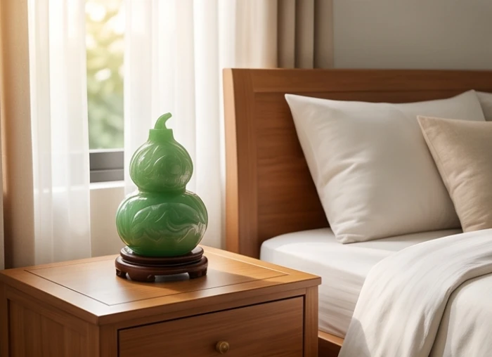 Hồ lô ngọc chạm khắc tinh xảo đặt trang trọng trên bàn trang điểm cạnh giường ngủ tại góc Tây Nam phòng ngủ