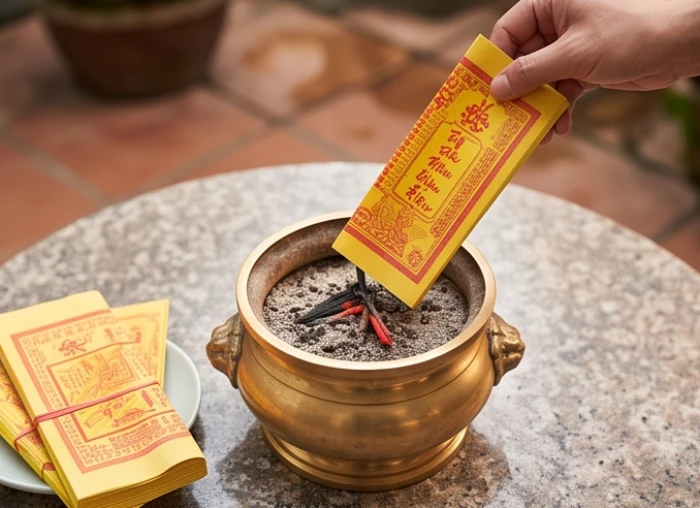 Gia chủ cẩn trọng hóa mũ giấy và bài vị màu vàng trong lư đồng sạch sau khi hoàn tất bài văn khấn giải hạn