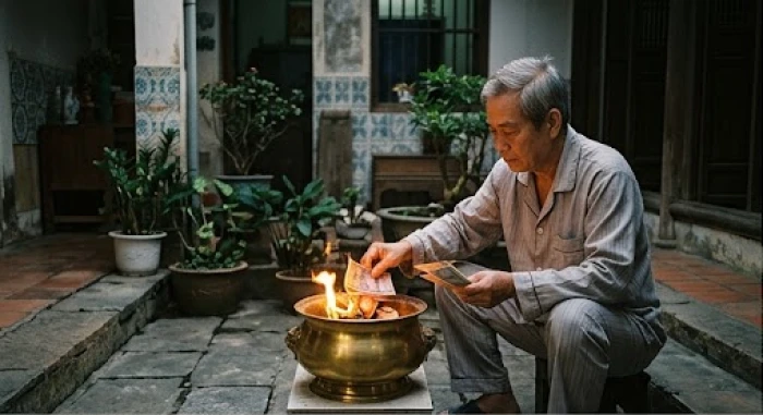 Gia chủ hoàn tất nghi thức giải hạn bằng cách hóa vàng bài vị giấy và rắc muối gạo ngoài sân sau lễ