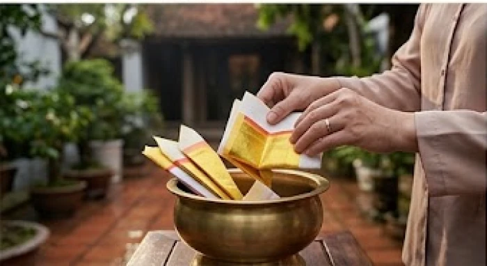 Nghi thức hóa bài vị và sớ cúng sao sau khi hoàn tất lễ cúng giải hạn Thái Bạch trong khuôn viên nhà
