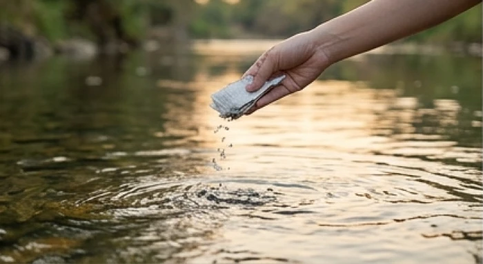 Phần tro mỏng nhẹ sau khi hóa bài vị được rải từ từ xuống dòng nước trong veo mang theo ý niệm tiễn biệt những xui xẻo