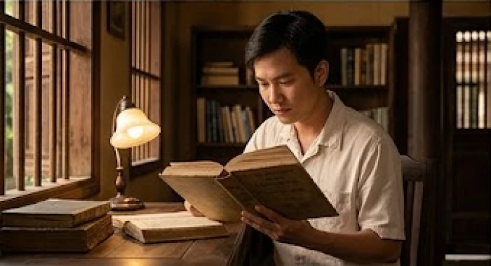 Người trẻ tuổi đang tập trung đọc sách trong không gian tĩnh lặng để nâng cấp kiến thức bản thân