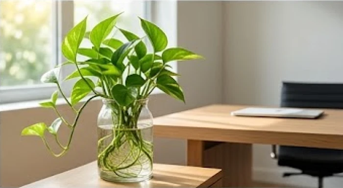 Chậu cây trầu bà thủy sinh đặt cạnh bàn làm việc gỗ tự nhiên giúp hóa giải hướng xấu