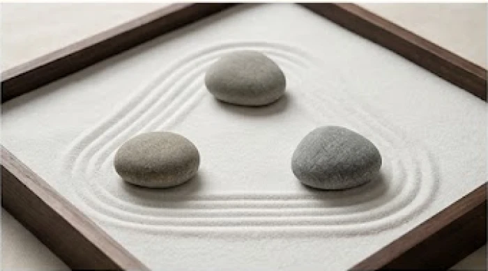 Sơ đồ tam hợp được biểu diễn qua ba viên đá tự nhiên đặt cân bằng trên khay cát phong thủy