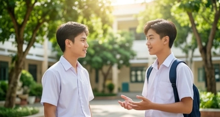 Nam sinh nói chuyện hòa nhã với bạn bè trong sân trường giúp phòng tránh thị phi và tranh cãi ở lớp