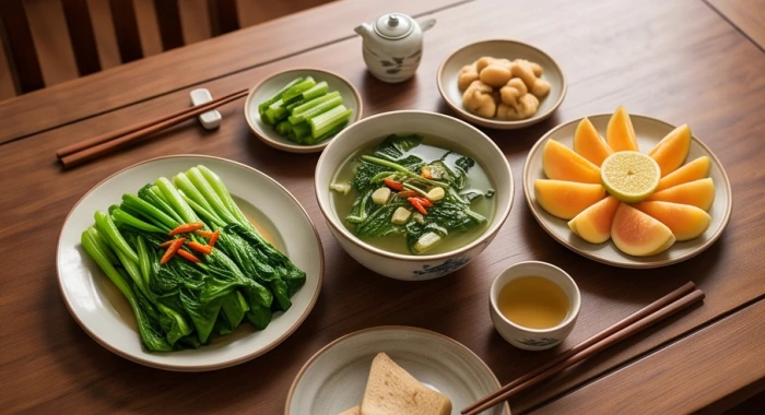 Bữa ăn lành mạnh với nhiều rau xanh và thanh long tươi mát giúp gia chủ Bính Ngọ bồi bổ sức khỏe hạn Diêm Vương