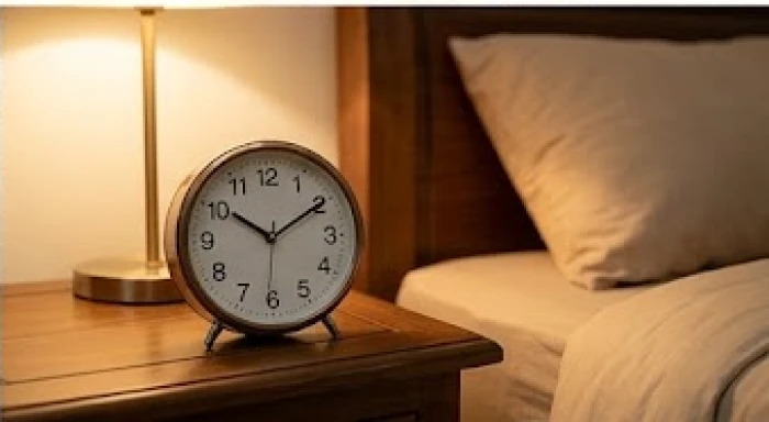 Chiếc đồng hồ chỉ 22 giờ đặt cạnh giường ngủ êm ái với ánh đèn vàng ấm áp dịu nhẹ