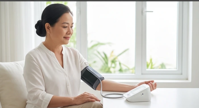Phụ nữ trung niên chủ động theo dõi huyết áp và sức khỏe tim mạch tại gian phòng yên tĩnh thoáng mát