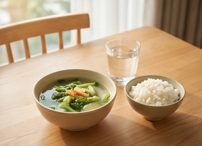 Bữa ăn lành mạnh với canh rau ấm và ly nước lọc tươi mát hỗ trợ bảo vệ hệ tiêu hóa cho nam giới tuổi đinh sửu