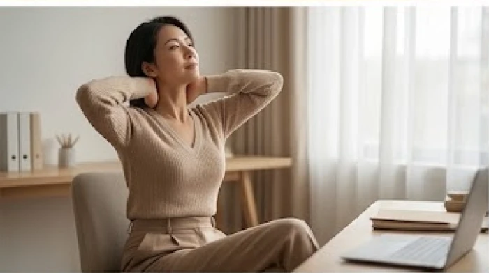 Người phụ nữ đang thực hiện các động tác thư giãn vai gáy và xương khớp tại nơi làm việc