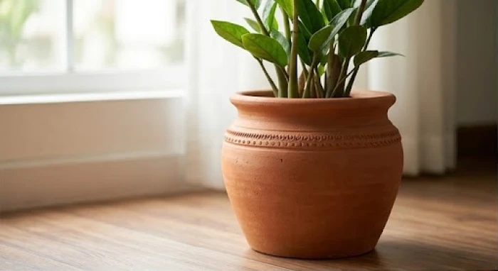 Chậu cây bằng đất nung đặt trên sàn gỗ ngập tràn ánh sáng thể hiện yếu tố thổ hóa giải hỏa khắc kim.