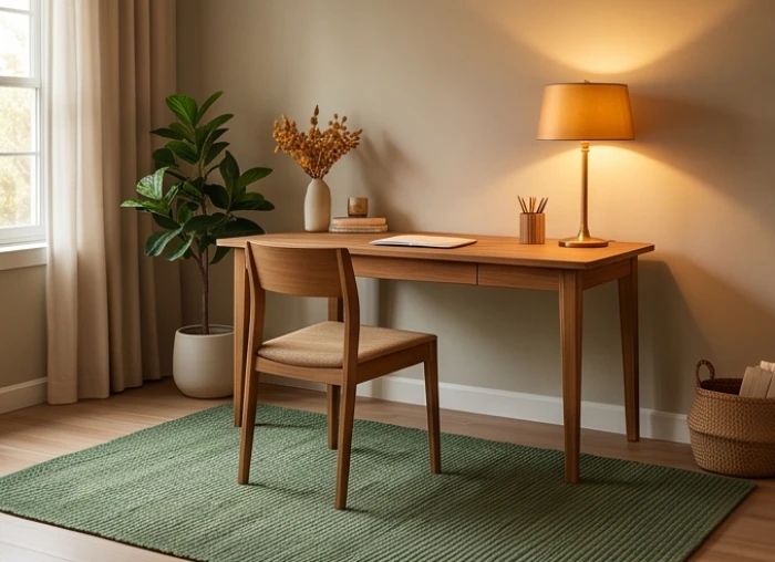 Góc làm việc đặt thảm trải sàn màu xanh lục kết hợp chiếc đèn bàn ánh sáng vàng ấm áp hóa giải hướng xấu