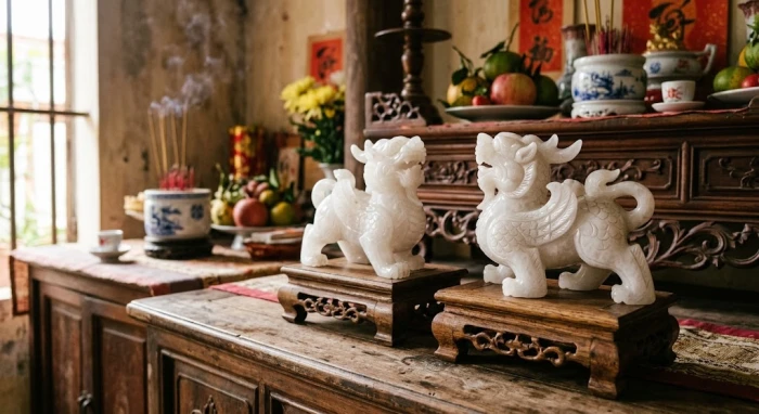 Cặp linh thú Tỳ Hưu đá thạch anh trắng đặt bên hông tủ thờ giúp hóa giải hướng xấu