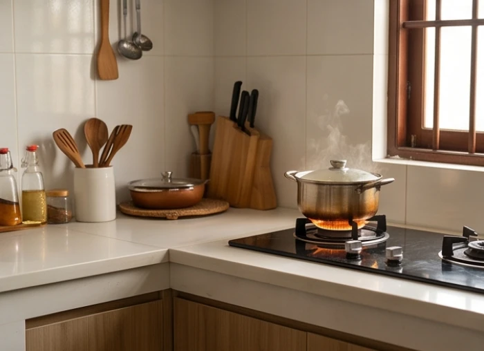 Gian bếp gọn gàng với ánh lửa hồng ấm áp đang cháy trên bếp lò