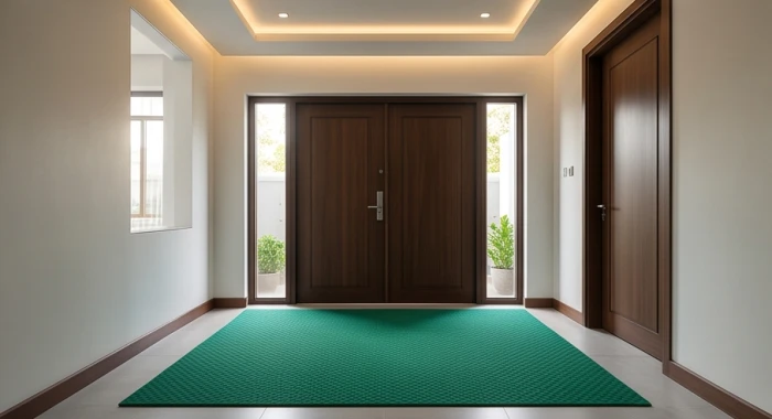 Lối vào căn hộ chung cư với thảm trải sàn màu xanh lá và rèm cửa mềm mại điều hòa dòng khí theo ngũ hành