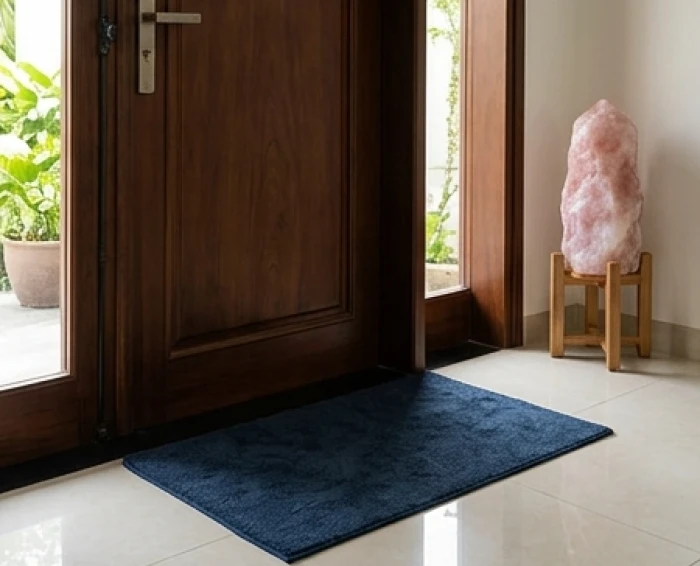 Thảm trải sàn màu đỏ và trụ thạch anh đặt ngay sau cửa chính hóa giải hướng nhà không hợp tuổi
