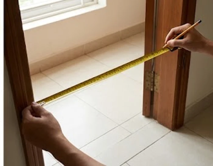 Đôi tay cầm thước dây đo chiều rộng lọt lòng cửa chính để chọn mua tấm thảm trải sàn vừa vặn cho ngôi nhà
