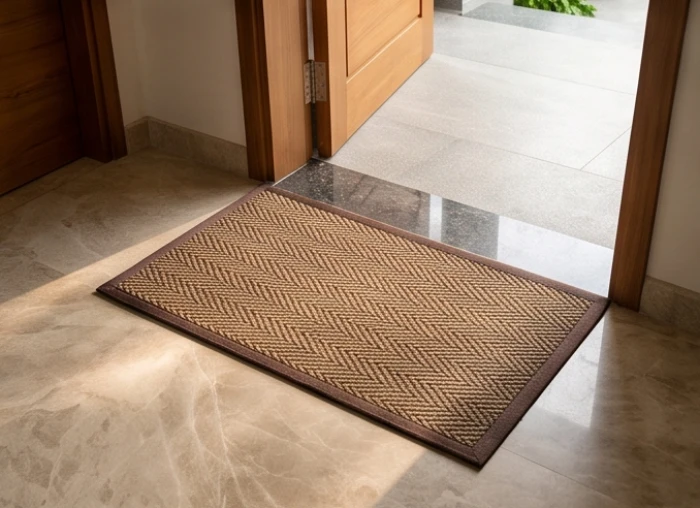 Thảm trải sàn khu vực cửa chính màu sắc tinh tế điều hòa dòng khí hóa giải hướng nhà không hợp tuổi hợi