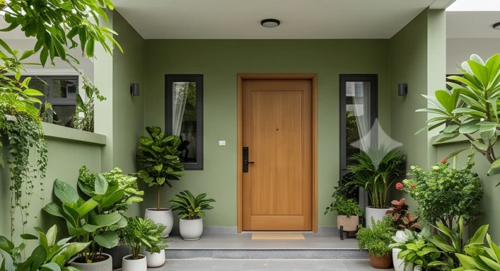Khu vực sảnh trước cửa chính sơn màu xanh rêu thuộc hành Mộc hóa giải hướng nhà khắc mệnh