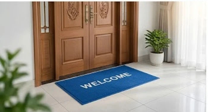 Thảm chùi chân màu xanh dương đặt trước bậc thềm cửa chính để hóa giải sát khí từ hướng nhà xấu