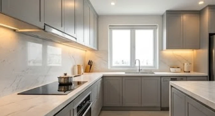Khu vực bếp nấu gọn gàng xoay về hướng Thiên Y nhằm hóa giải sát khí từ cửa chính phạm hướng Tuyệt Mệnh
