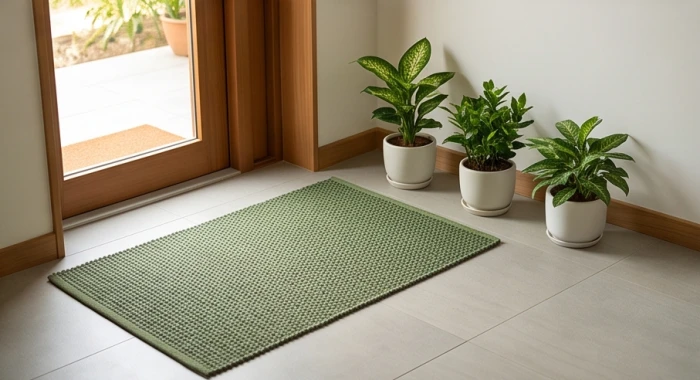 Lối vào nhà được trải một tấm thảm màu xanh lá cây và đặt các chậu cây cảnh nhỏ xanh tươi.